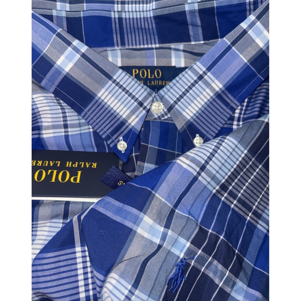 New Polo Ralph Lauren Long Sleeve Button Down 4XL Big 4XB Blue Plaid Stretch